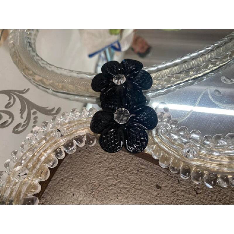 Venetian Black Floreal Hand-Carving Mirror in Murano Glass Style