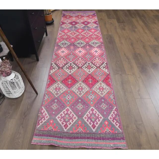 Vintage pink diamond Turkish hand-knotted runner rug 96x345