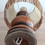 Vintage Italian table lamp in turned wood and leather lampshade
