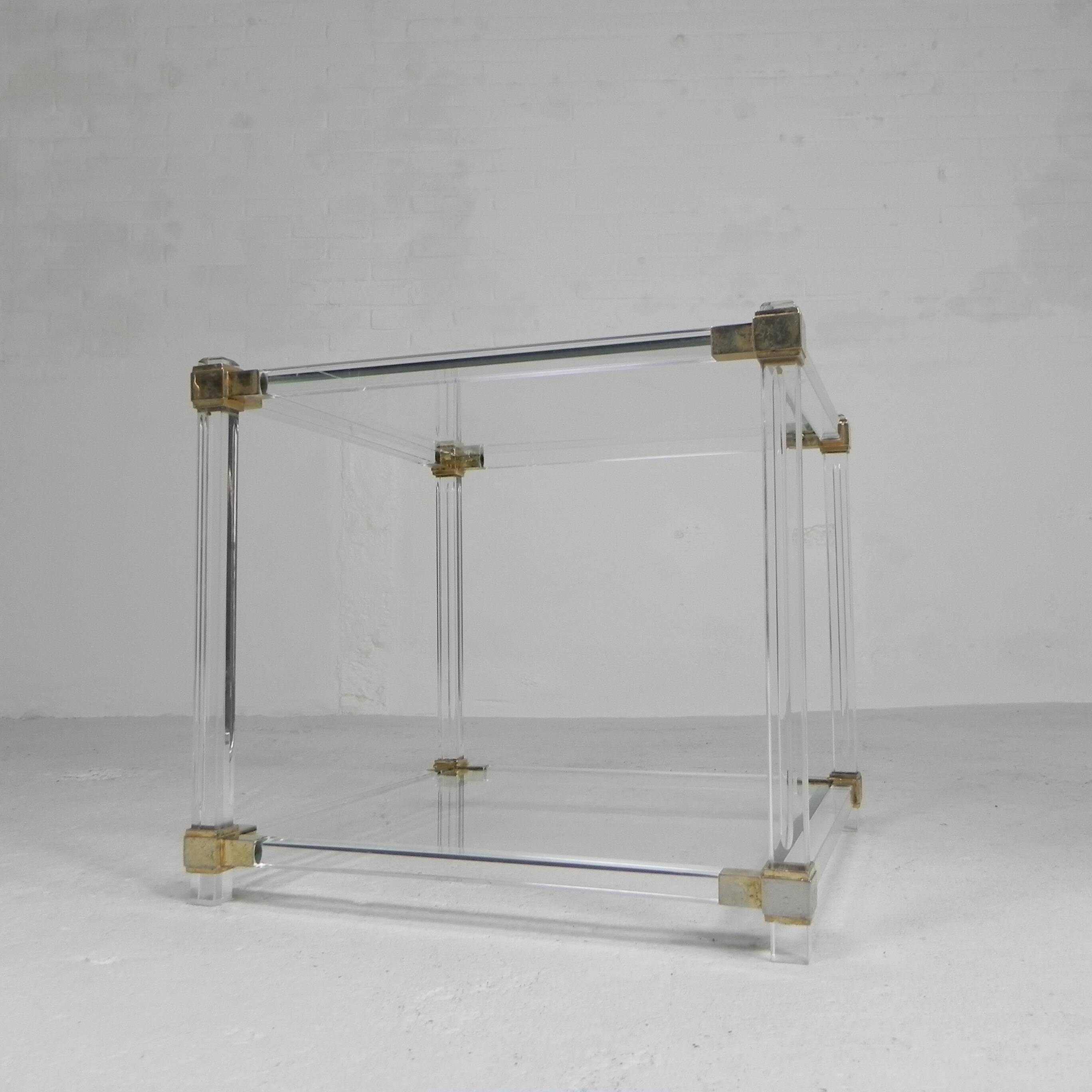 Hollywood Regency coffee table plexiglass, glass, brass, 1970s