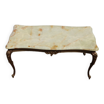 French Vintage rectangular Onyx Marble Brass Coffee Table-Cocktail Table-Lounge Table-Style Louis XV