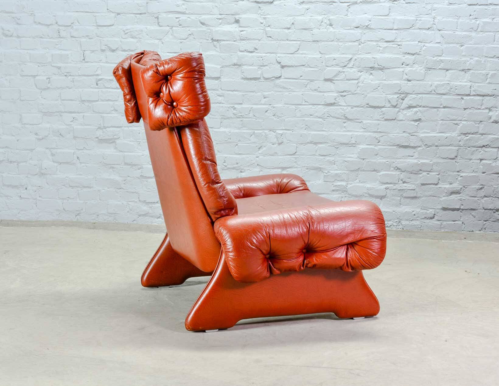 Brutalist Sculptured Brazilian Style Cognac Leather Lounge Chair, 1970s