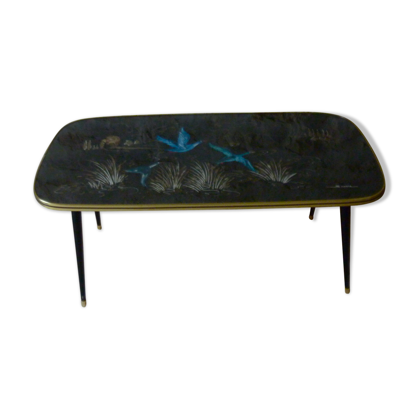 Table basse décor oiseaux bleus, années 60-70