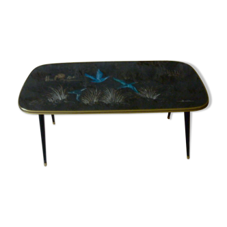 Table basse décor oiseaux bleus, années 60-70