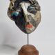 Signed raku ceramic mask, on wooden base – Expressive sculpture 28 cm