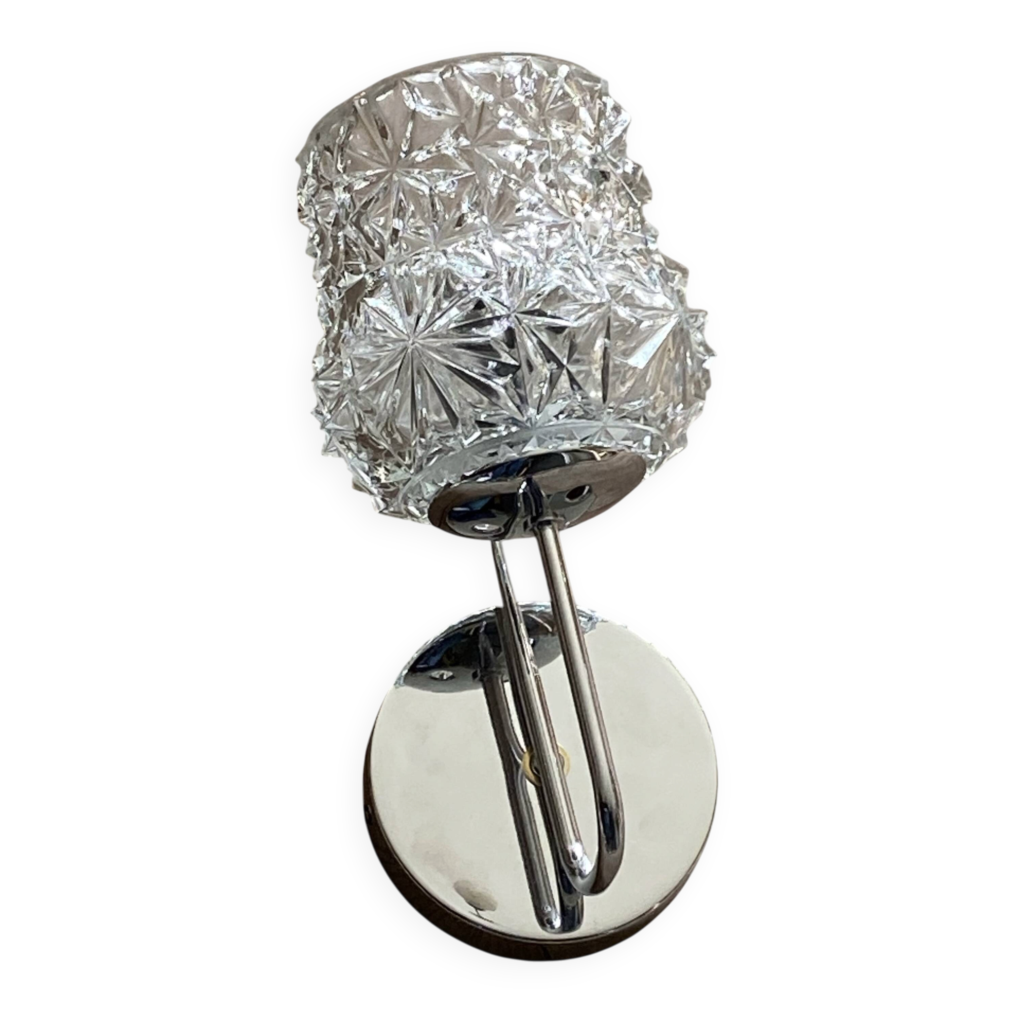 Swan neck wall light in stainless steel, thick glass shade, stainless steel rose.