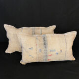 Pair of cushions old kilim style canvas - Hand and initial embroidery