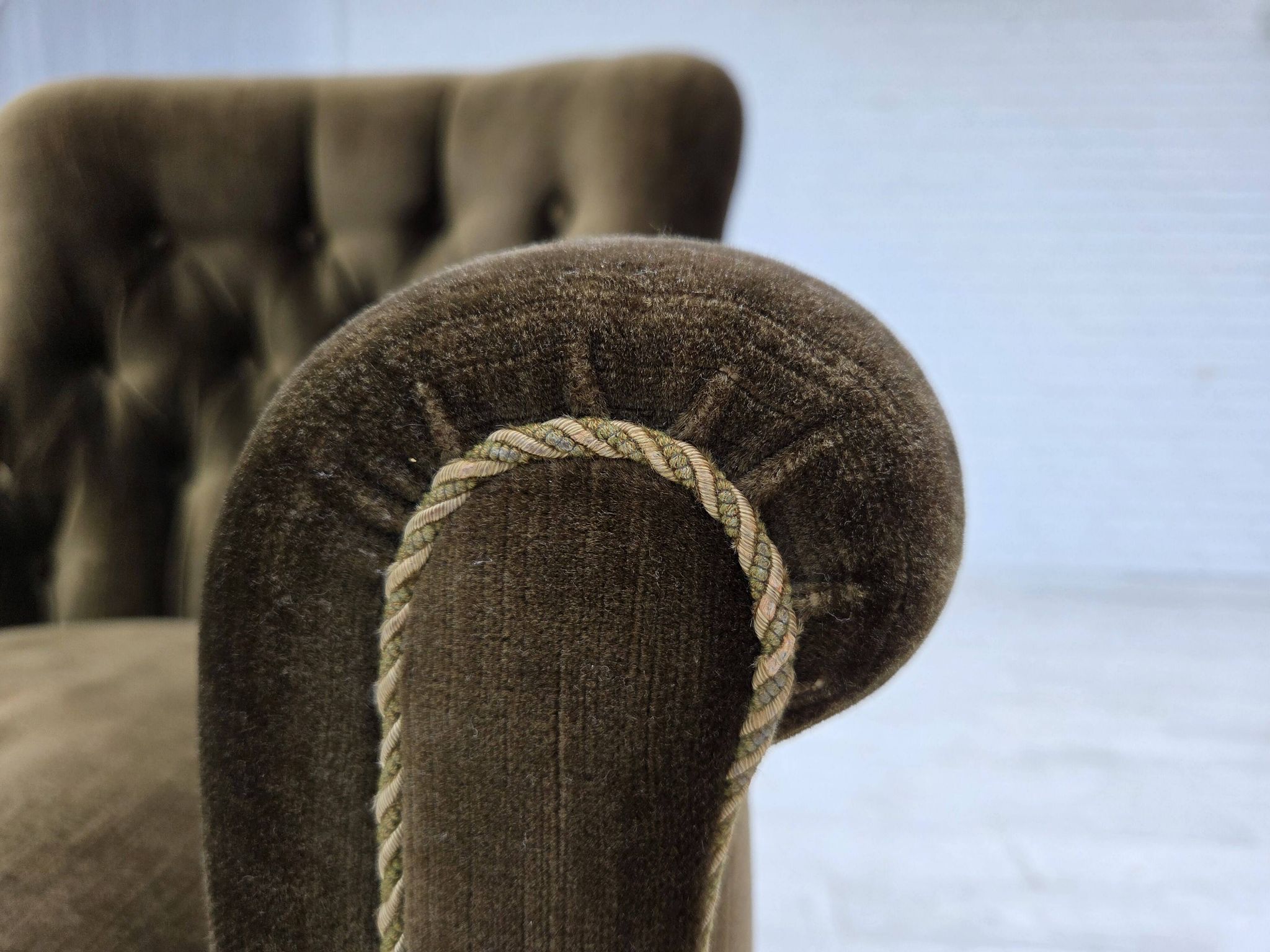 1950s, Scandinavian armchair, green furniture velour, ash wood.