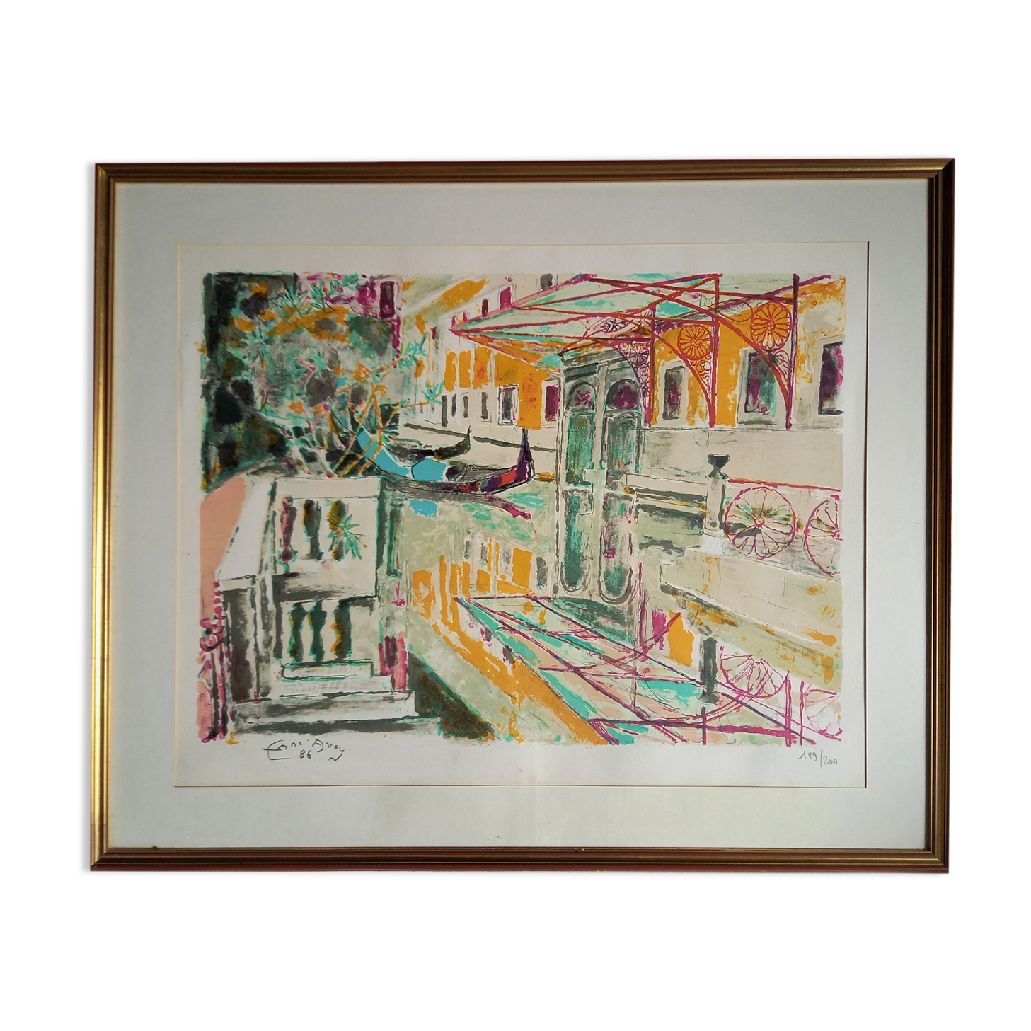 Venice, Les gondoles sur le canal - Original lithograph by Edouard Georges Mac-Avoy,1986