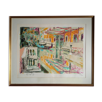 Venice, Les gondoles sur le canal - Original lithograph by Edouard Georges Mac-Avoy,1986