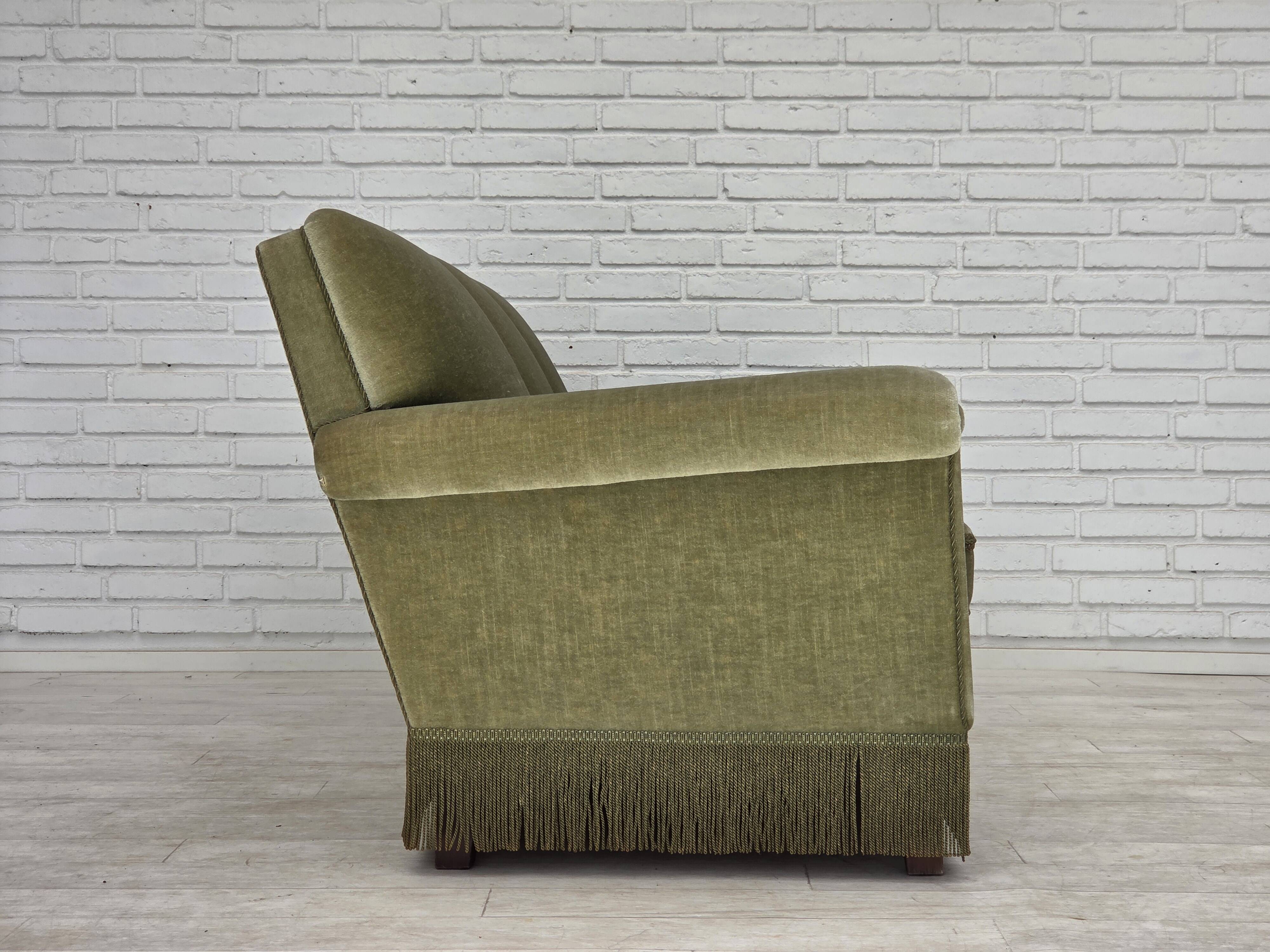 1970s, Danish 3-seater sofa, green furniture velour, beech wood.