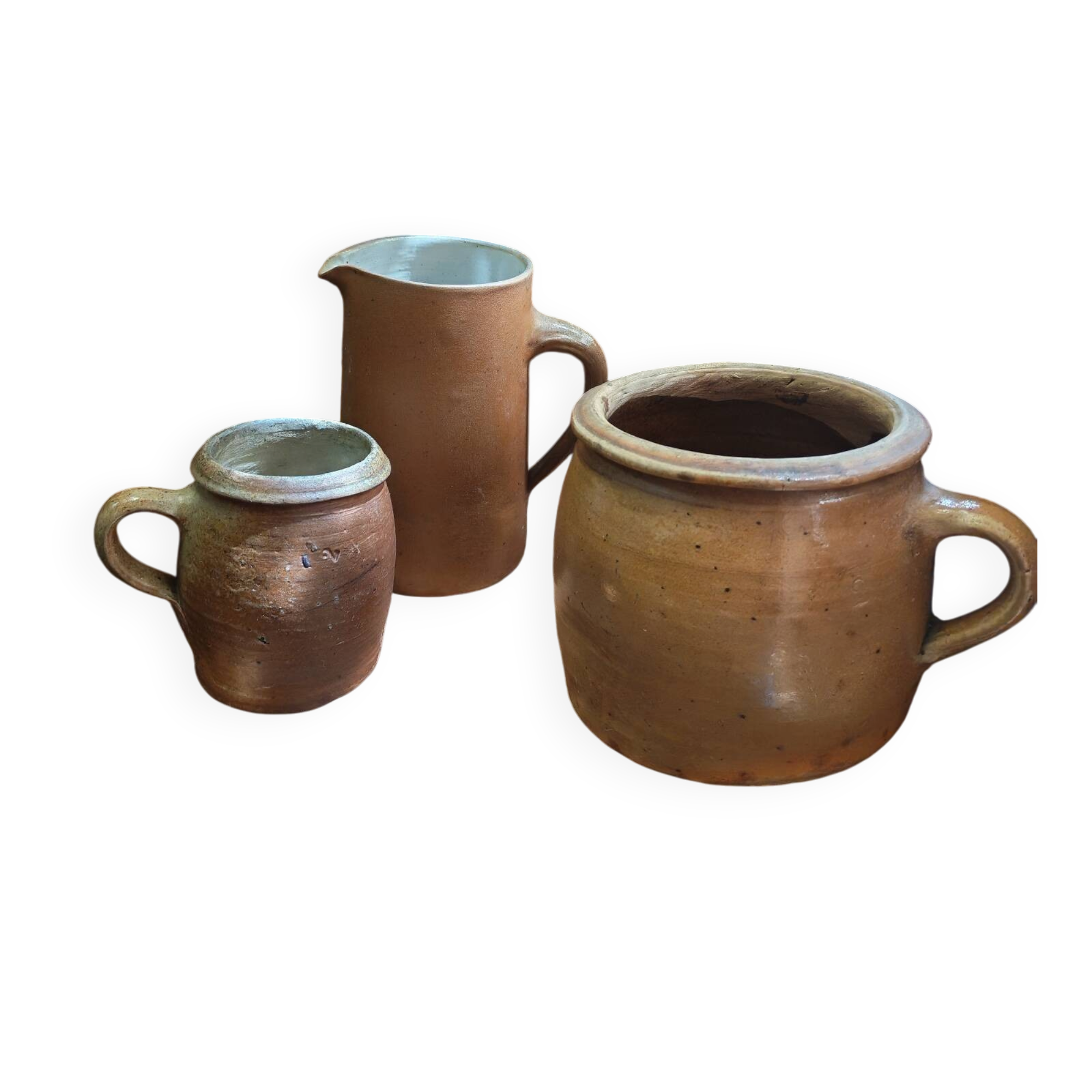 Set of 3 pieces of antique rustic French stoneware ceramic.