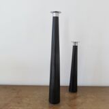 Pair of designer candlesticks, XXL, tapered, teak and chrome metal, 1980s