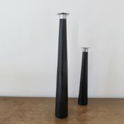Pair of designer candlesticks, XXL, tapered, teak and chrome metal, 1980s