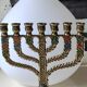 Menorah/Hebrew Candlestick with 7 branches. Astrological signs. Hanukkah. In patinated brass old gold