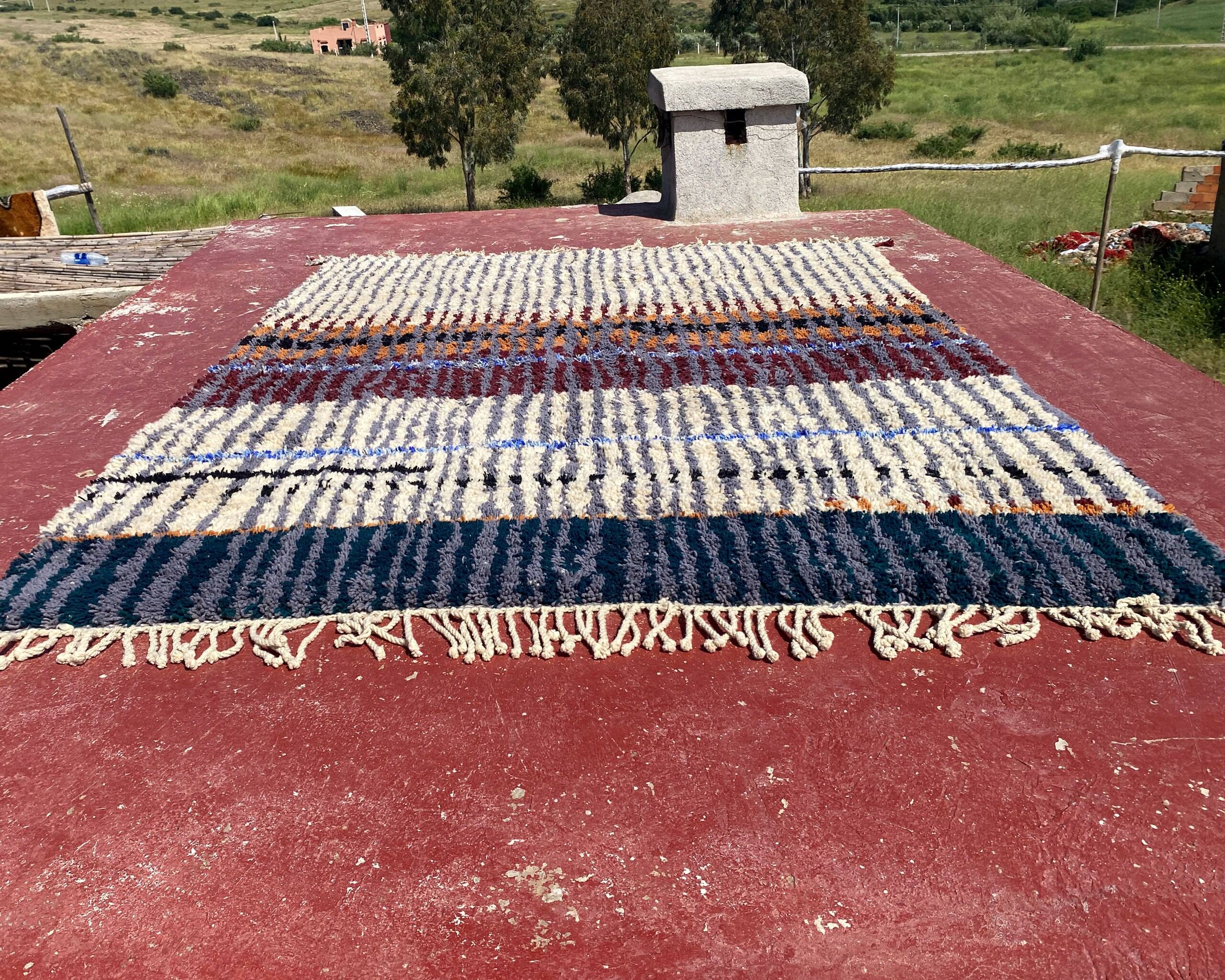 Vintage Moroccan Berber rug with multicoloured stripes – 332 x 244 cm