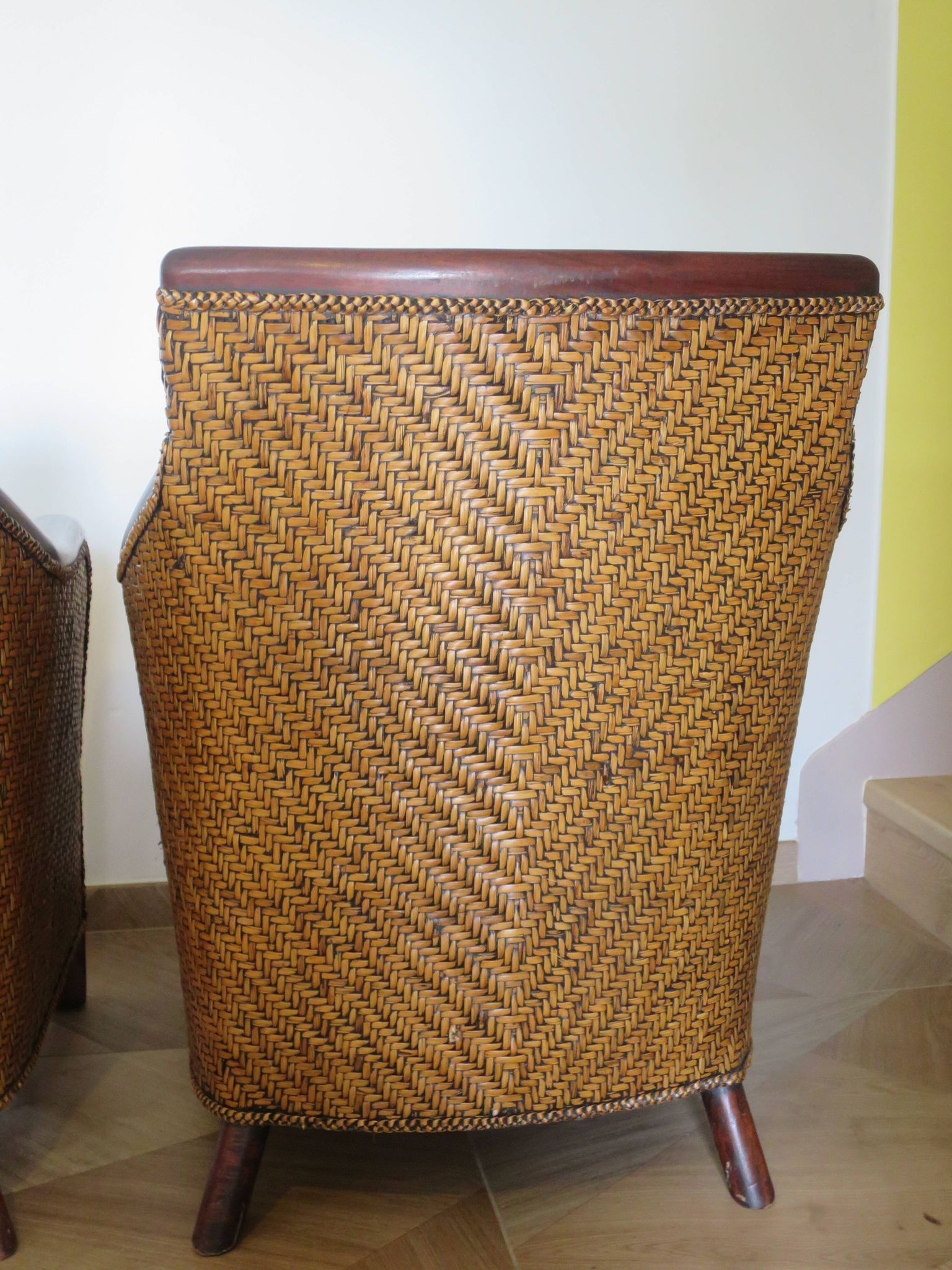 Set of 2 armchairs in woven rattan and exotic wood, 1980s