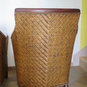 Set of 2 armchairs in woven rattan and exotic wood, 1980s