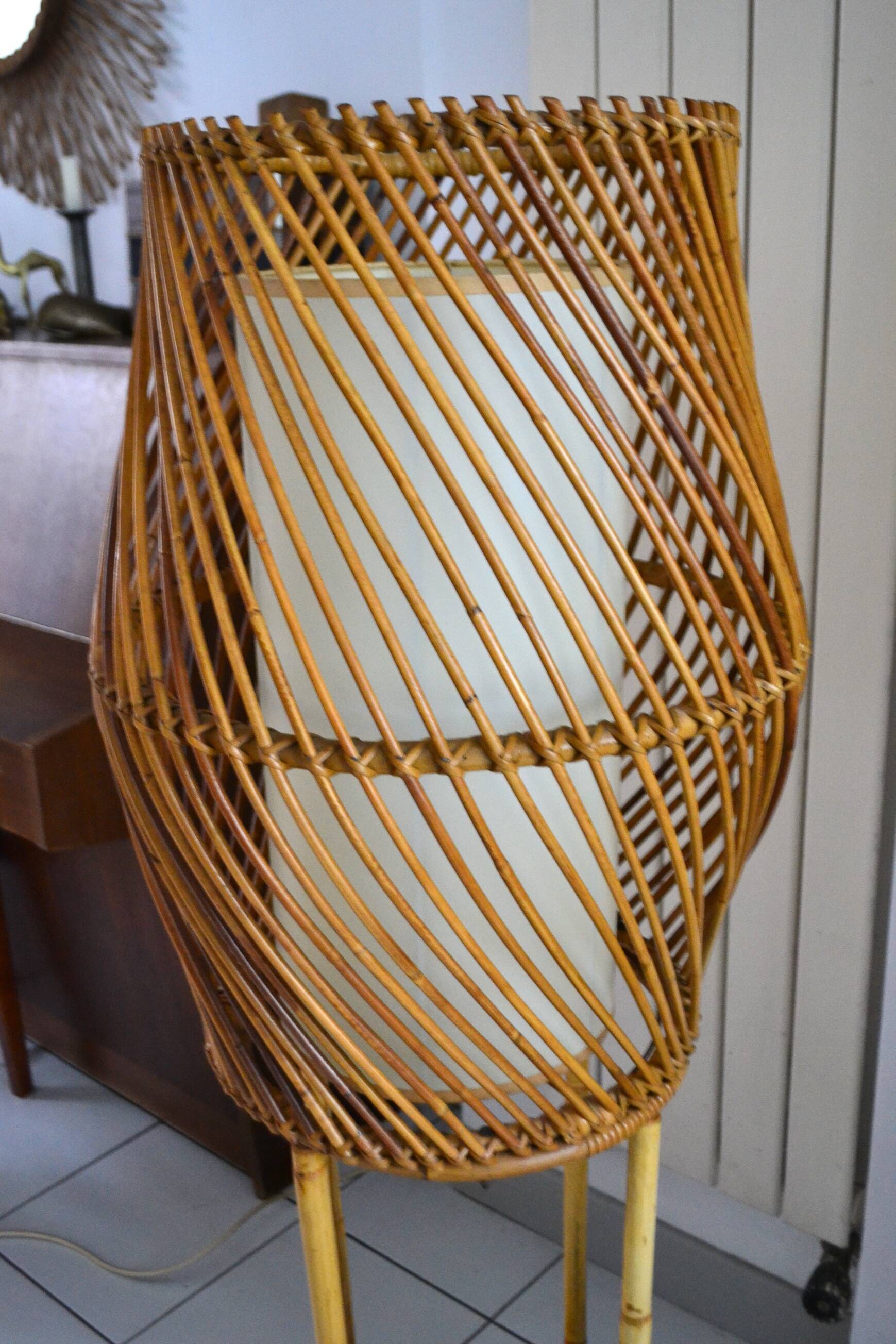 Bamboo rattan floor lamp from the 1960s in the Audoux Minet style.