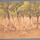 French school 20th century "under the trees of the village square" watercolor