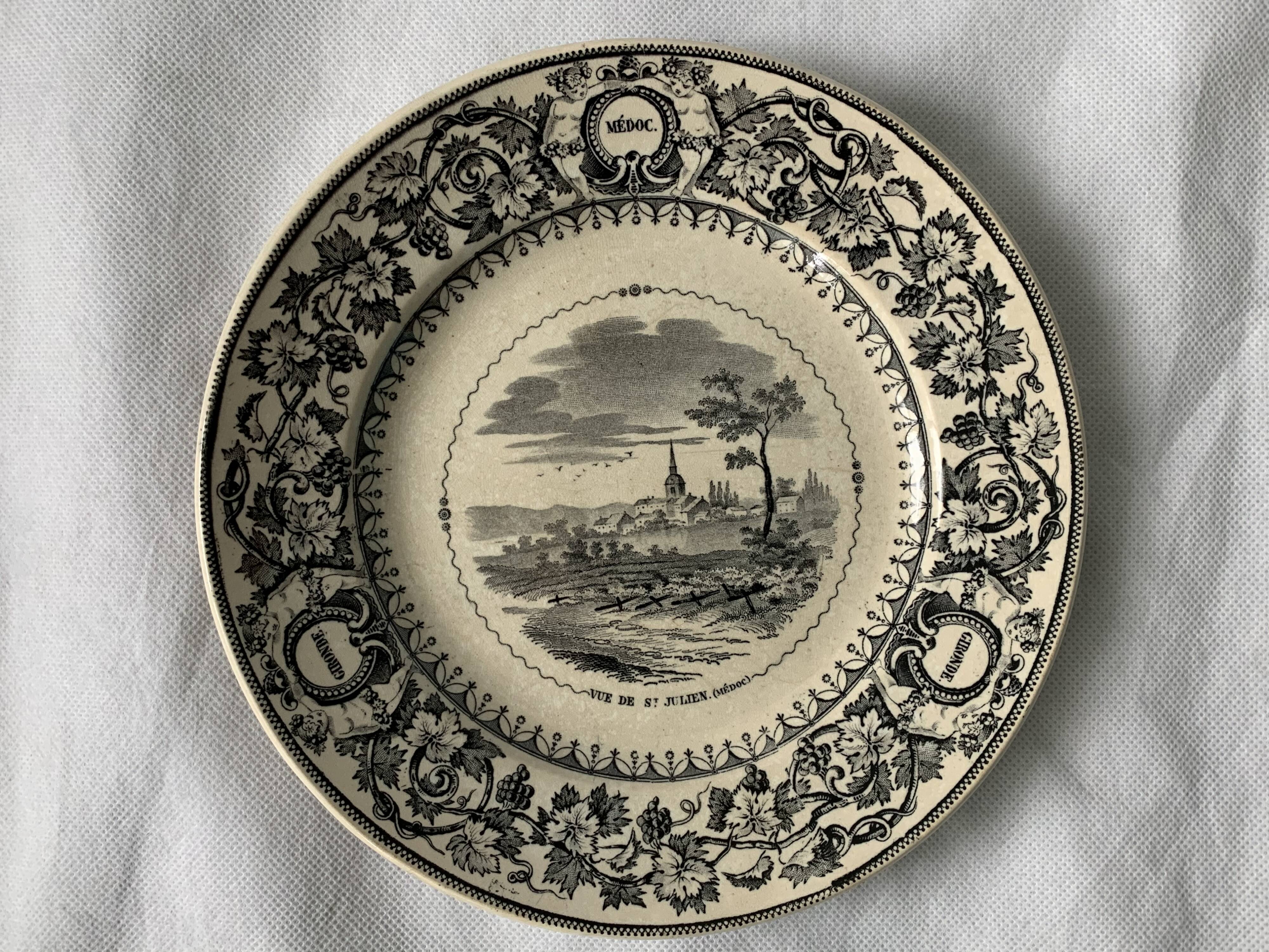 6 old dessert plates Old and Johnston Bordeaux 19th century Médoc and its castles