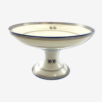 Coupe sur pied blanche monogrammée en faience