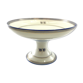 Coupe sur pied blanche monogrammée en faience