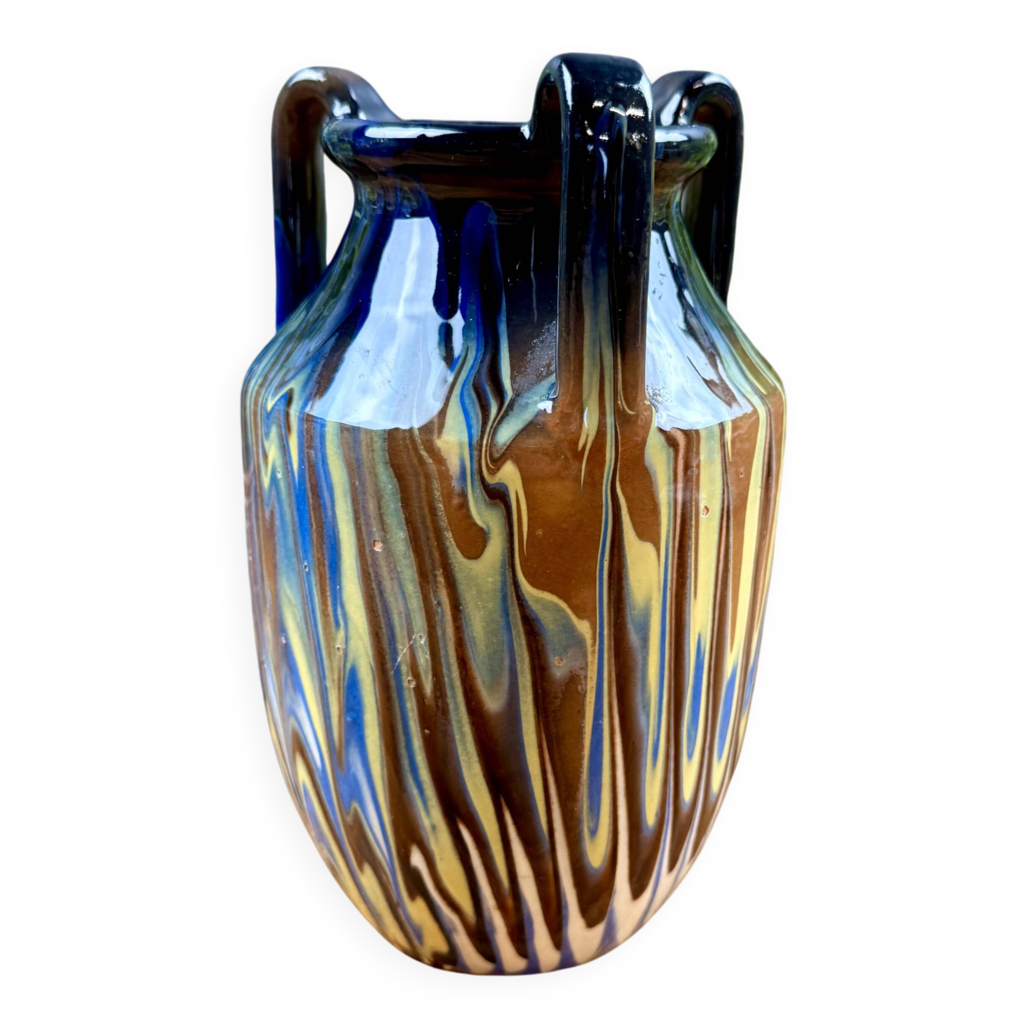 Ceramic vase with handles, flamed decoration – in the style of Capron