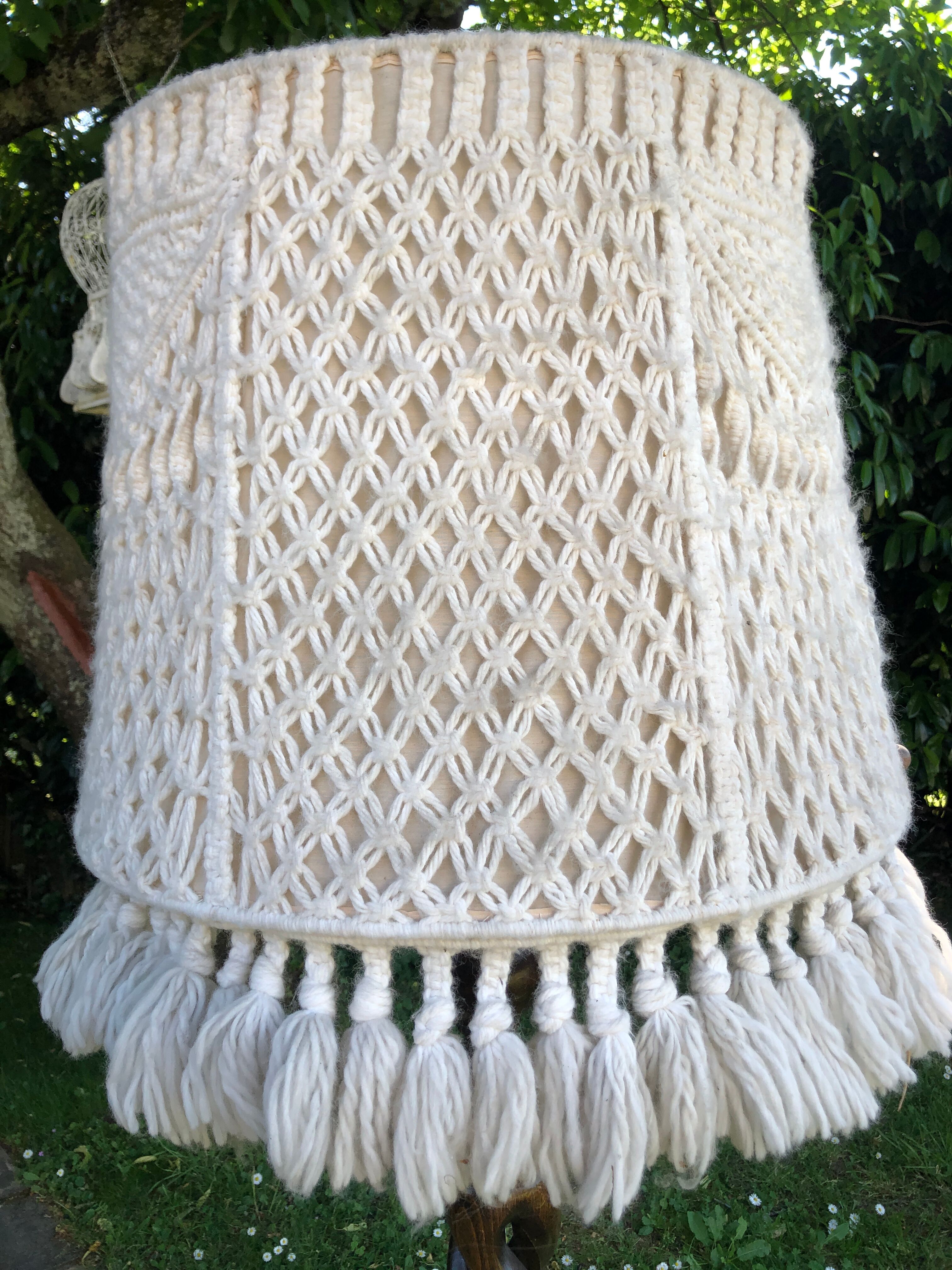 Dark turned wooden floor lamp and wool lampshade