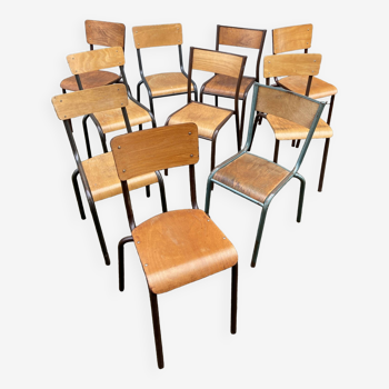 Lot de 10 chaises industrielles école dépareillées vintage mullca tube & bois french school chairs 6