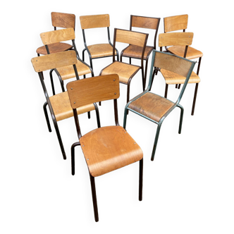 Lot de 10 chaises industrielles école dépareillées vintage mullca tube & bois french school chairs 6
