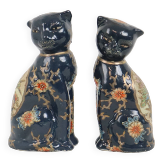 Vintage Chinois Porcelaine Couple de Chats et Chats Statues Raku