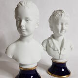 Porcelain biscuit busts by Camille Tharaud, children Louise and Alexandre Brongniart after Houdon