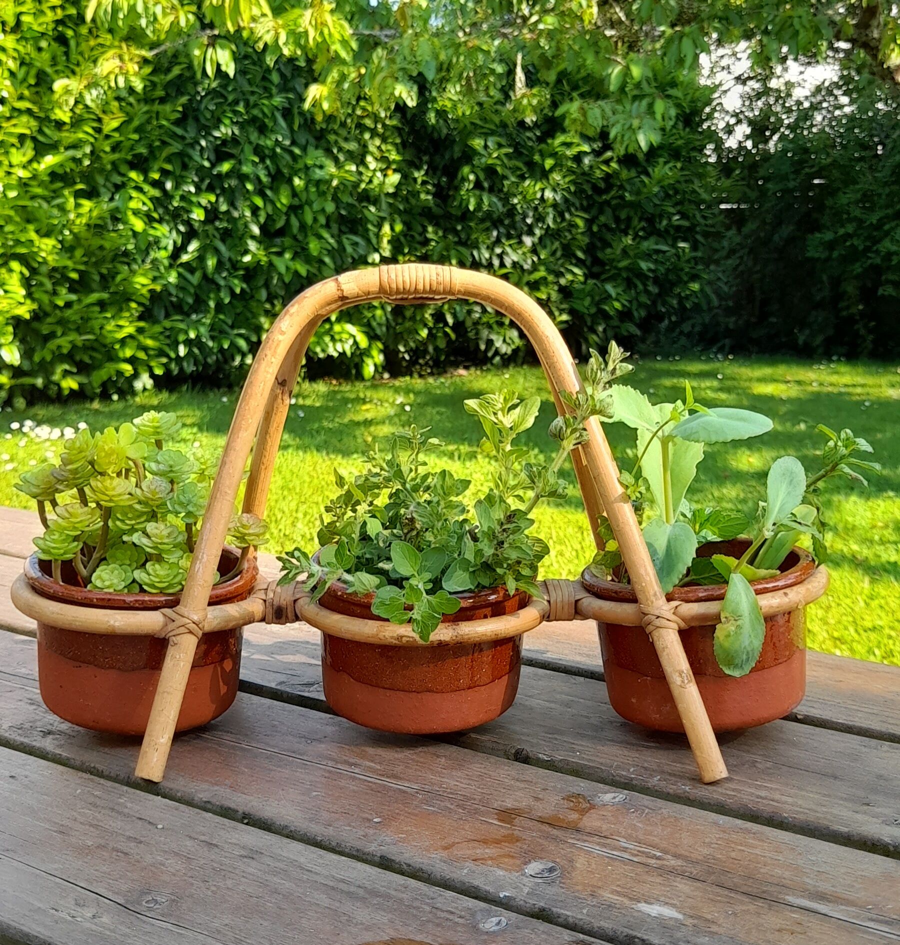 Original, plant door 3 pots sandstone and bamboo, 1970's