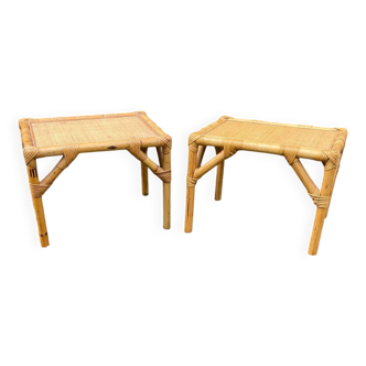 Paire de tables gigognes chevet en rotin, Mid-Century