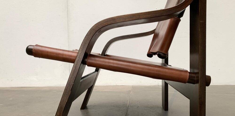 Brutalist Mid-Century Safari Armchair in Wood and Leather, 1960s