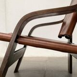 Brutalist Mid-Century Safari Armchair in Wood and Leather, 1960s