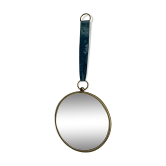 Vintage 1960s witch's eye mirror in turquoise velvet - 24 x 54 cm