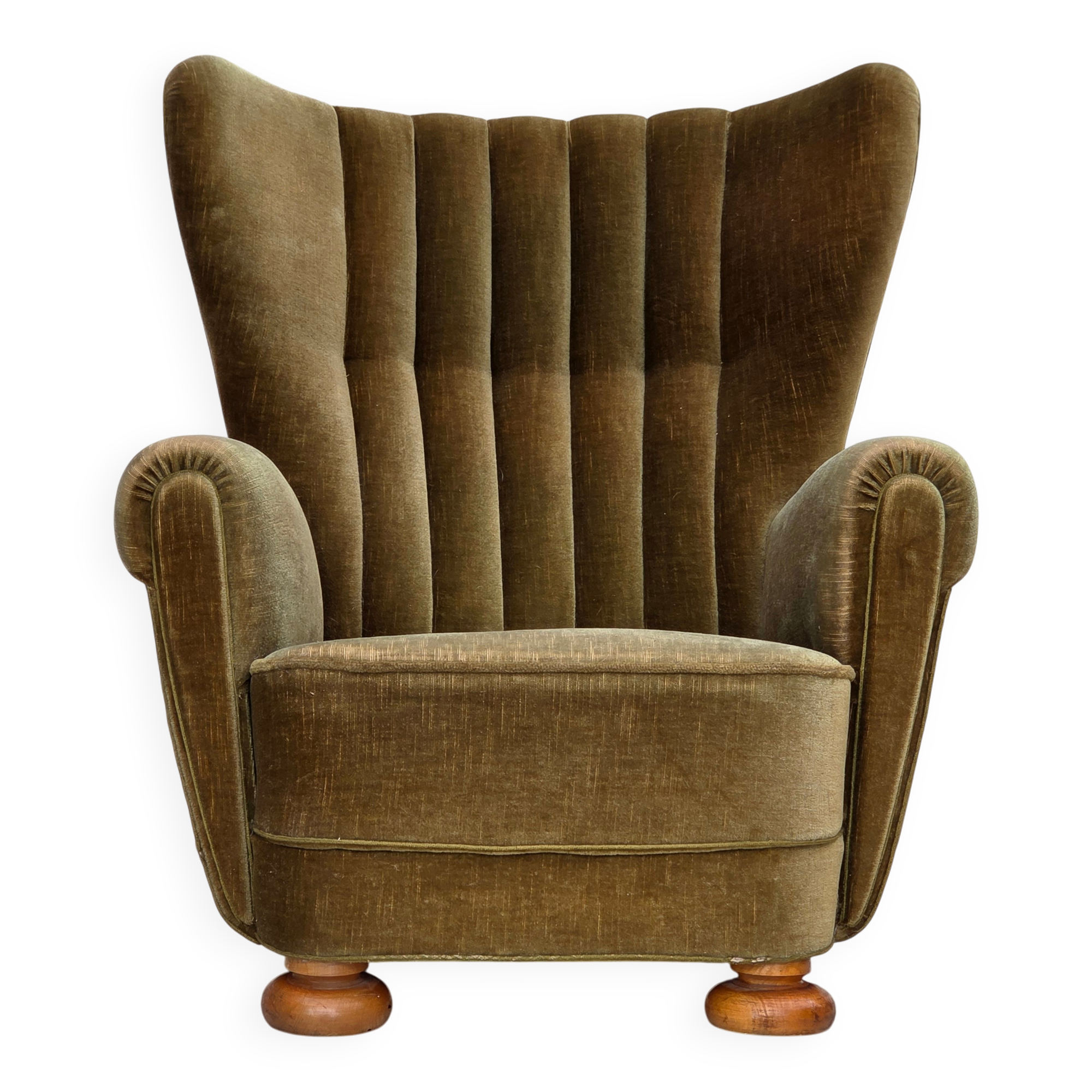 1960s, Danish highback relax armchair, green furniture velour.