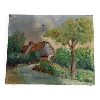 Tableau peinture huile sur toile paysage début XXème