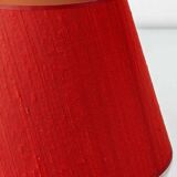 Pair of Royal Delft blue and white ceramic table lamps with new vermilion silk shades.