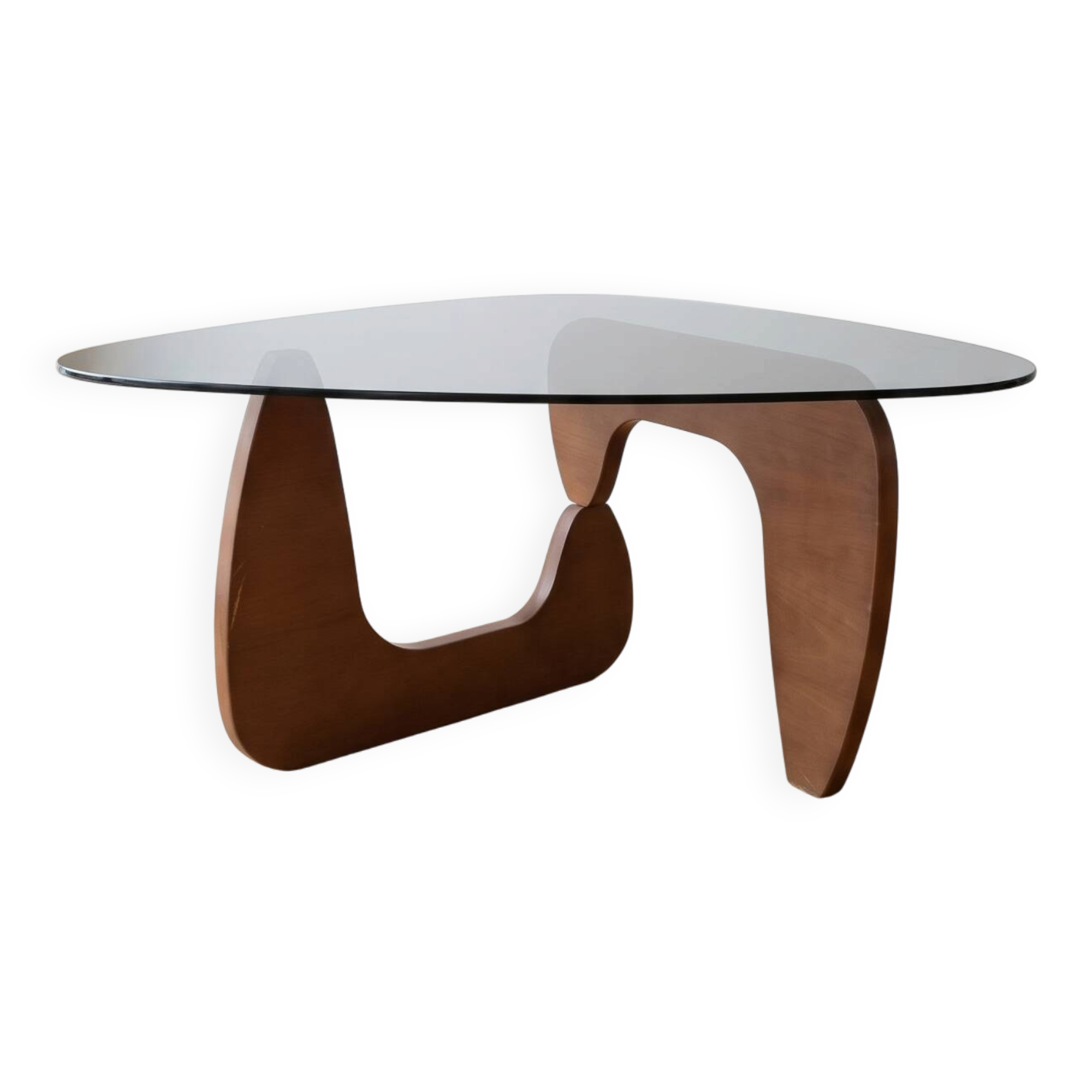 Vintage organic coffee table in smoked glass and walnut.