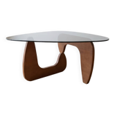 Vintage organic coffee table in smoked glass and walnut.