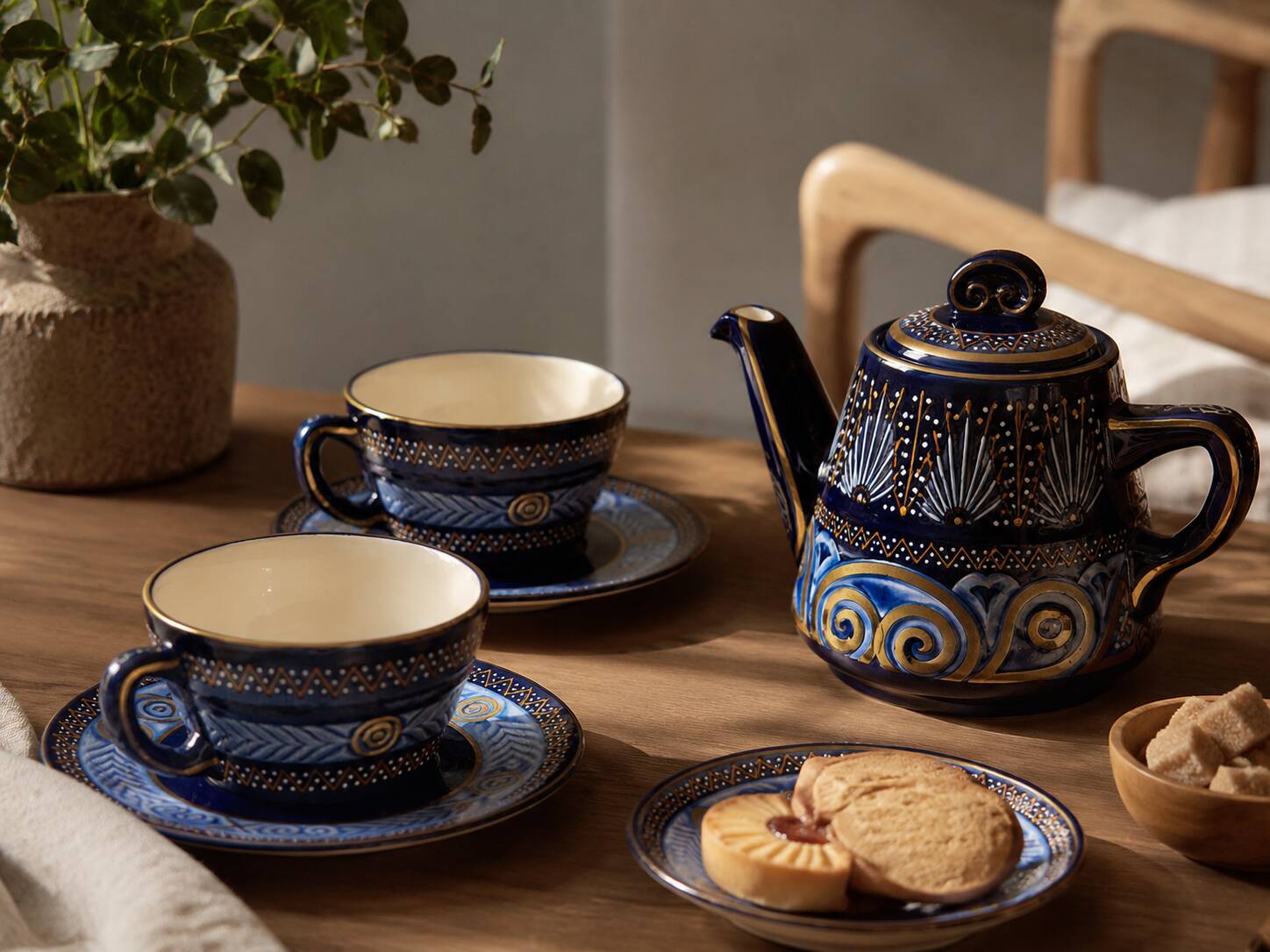 HB Quimper cobalt blue tea set teapot and 2 earthenware cups