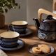 HB Quimper cobalt blue tea set teapot and 2 earthenware cups