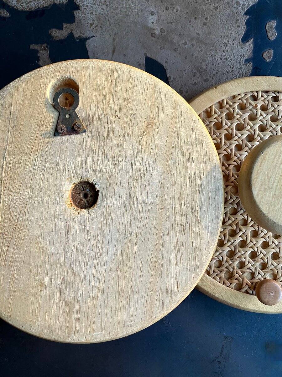 Coat Wall Hooks in Wood and Woven Cane, 1960s, Set of 2