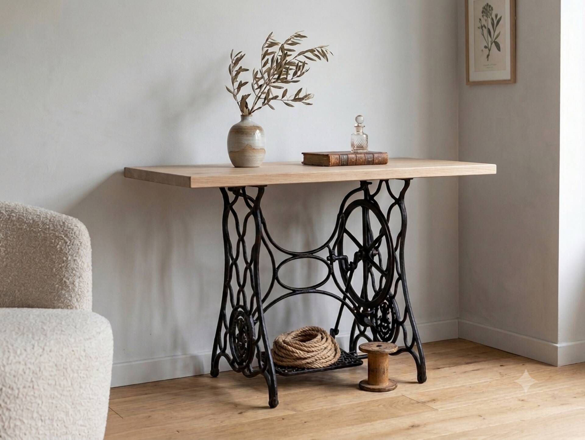 Table console vintage — Piètement en fonte & plateau en bois clair