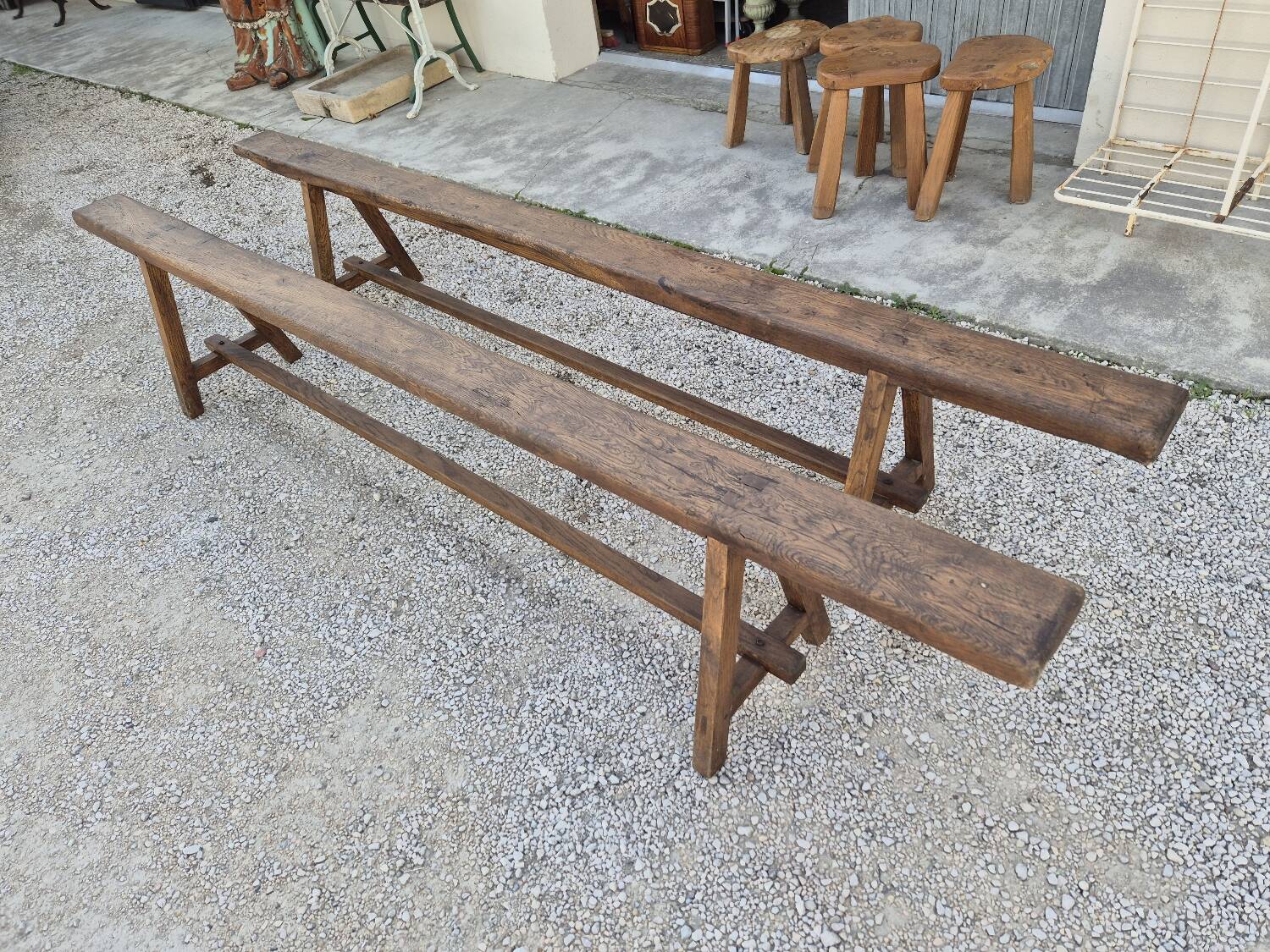 Pair of rustic solid oak farm benches 19th century - 2m90