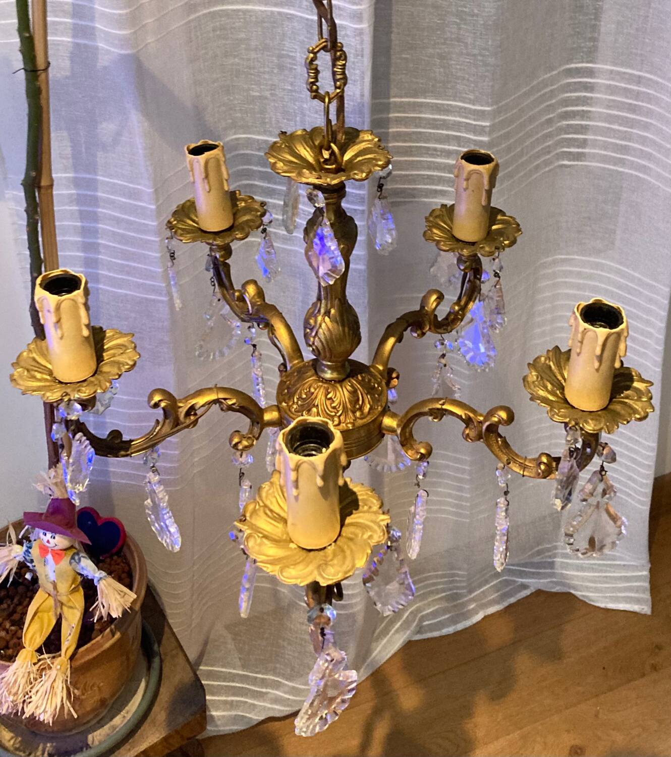 Lustre en bronze doré à pampilles époque XXe | Selency