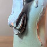 Brutalist jug numbered 52 in turquoise and blue painted terracotta